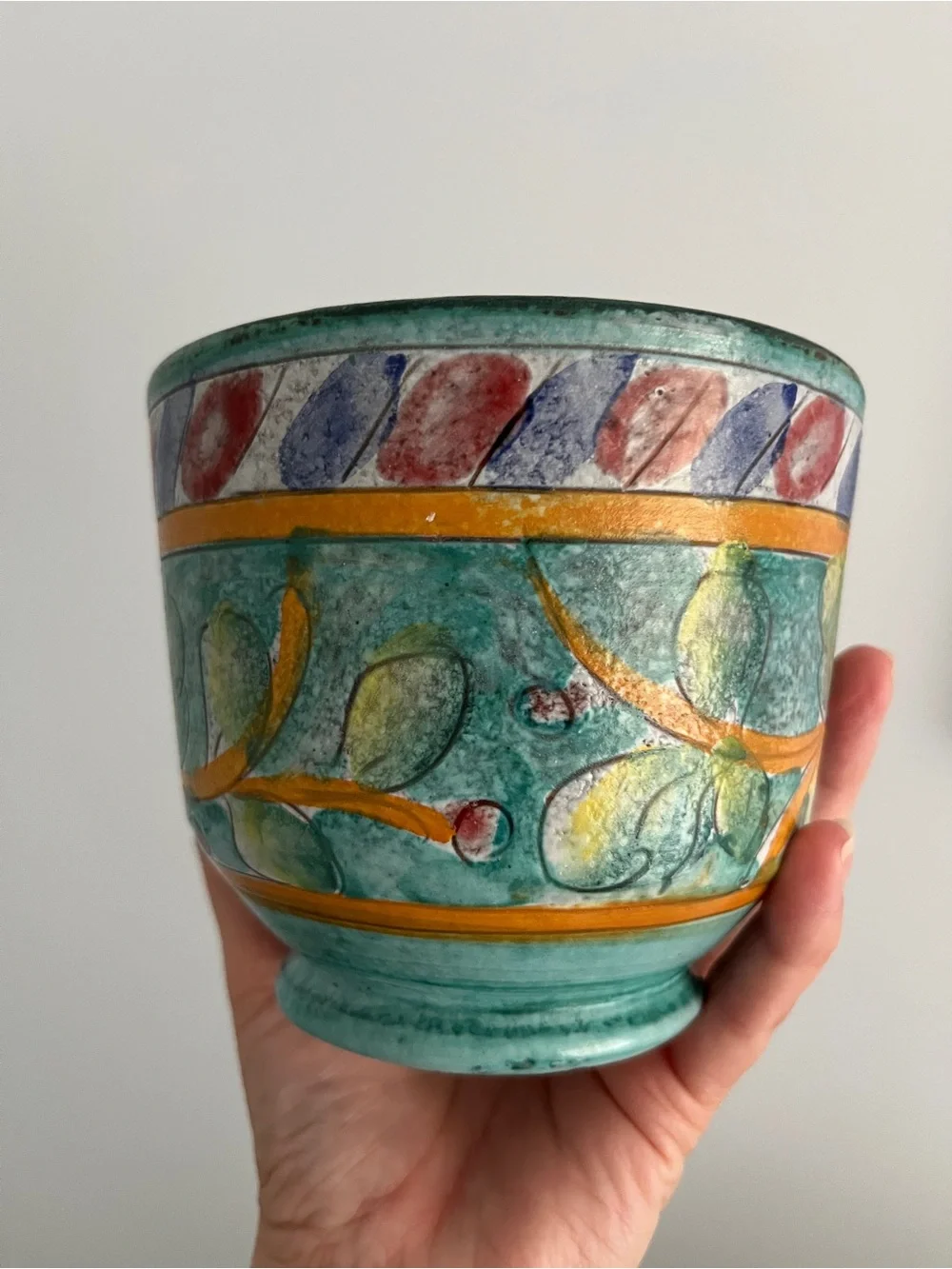 Lovely ITALY Floral Colorful Pot Bowl Green / Aqua Glaze